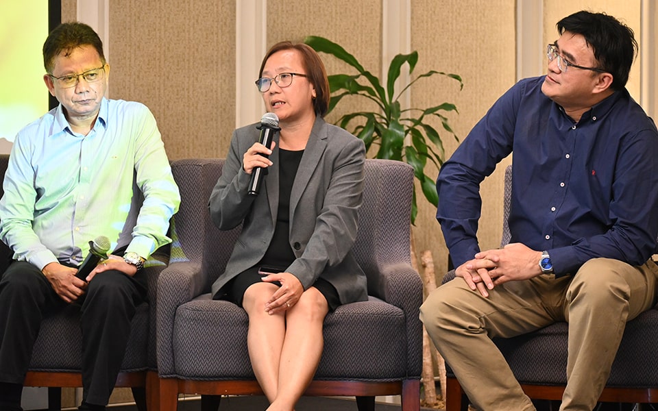 (From left) Panelists Dr. Gabriel Romero, Dr. Analiza Ramirez, and Mr. Edwin Mapanao share their insights during the session.