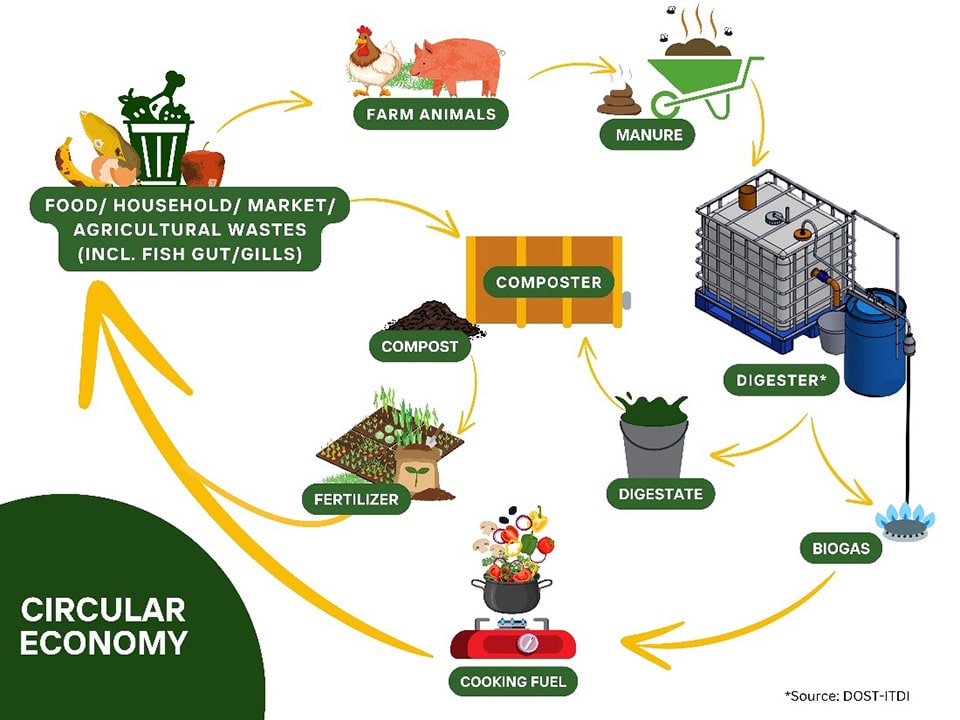 [b]Sustainability in action.[/b] Muntinlupa's ESC is pioneering the circular economy by converting agricultural waste into biogas for cooking and digestate for composting, showcasing a sustainable cycle of waste segregation and biogas production.