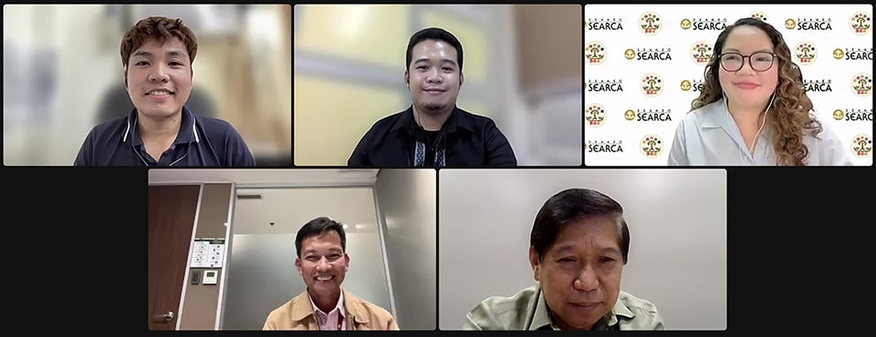 The resource speakers for the panel discussion on coconut and the session moderator, Ms. Danellie Joy Medina (top, rightmost), SEARCA-RTLD Program Associate.[br]
Top, from left: Mr. Jessiemar Cabasag and Mr. Joel Larupay from PCA-ZRC[br]
Bottom, from left: Mr. Glenn Apostol from Natura Aeropack Corporation and Mr. Ramon Taniola from D&L Industries, Inc.