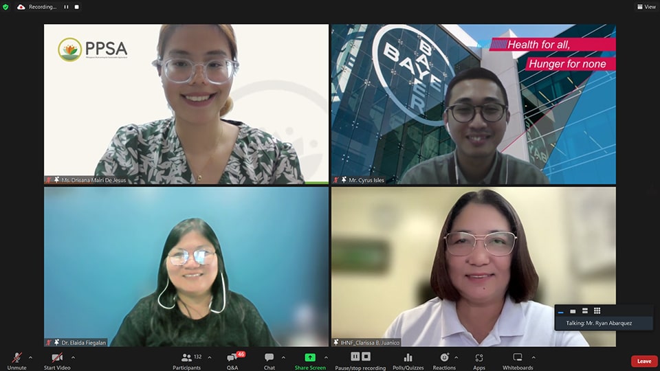 The resource speakers for the panel discussion on corn and the session moderator, Ms. Drisana Mairi De Jesus (top, left), PPSA Communication Officer.[br]
Top, right: Mr. Cyrus Isles from Bayer CropScience Philippines[br]
Bottom, from left: Dr. Elaida Fiegalan from CLSU and Dr. Clarissa Juanico from UPLB.