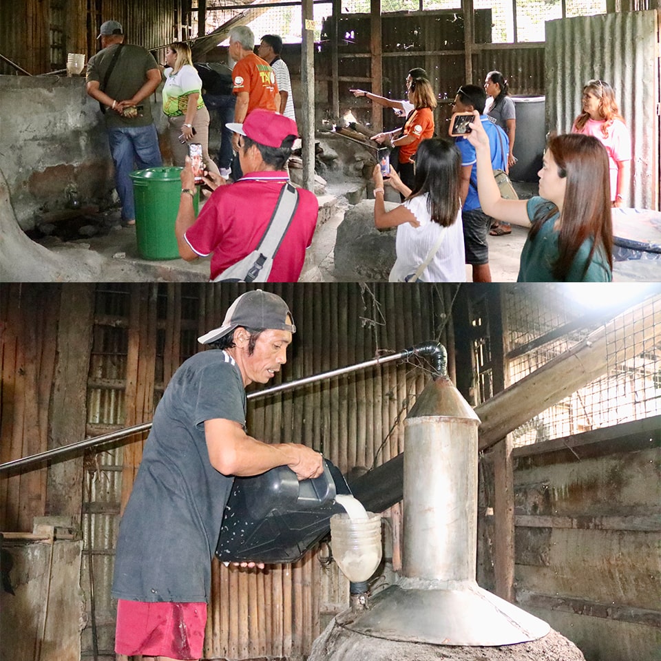 (Top) Participants tour a farm in Macalelon, Quezon and (bottom) witness the preliminary processing of coconut sap (tuba) for [i]lambanog[/i] production.