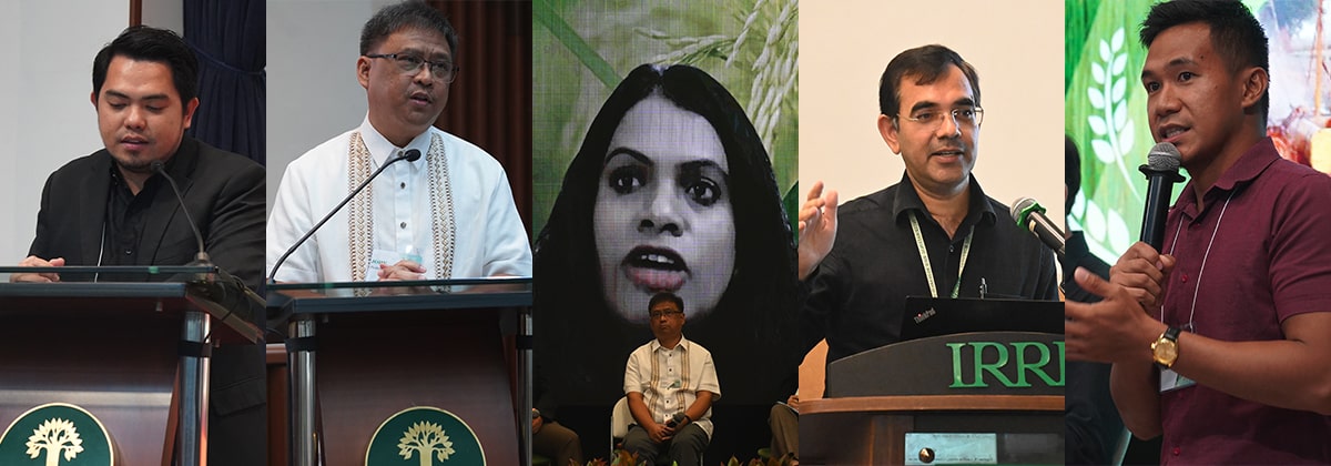 The resource speakers at the seminar-workshop on DSR technology were (from left): Deputy Director Ralph Allan Ceniza of the DA National Rice Program; Dr. John De Leon, PhilRice Executive Director; Ms. Vinny Gandham, Bayer CropScience DirectAcres Venture Lead; Dr. Virender Kumar, IRRI Senior Scientist and DSR Consortium Coordinator; and Mr. Christian Lexcher Cainglet, farmer DSR-adopter from Tarlac, Philippines.
