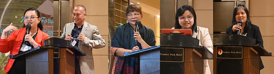 Resource speakers at the media forum, namely, (from left) Ms. Kristine Tome of ISAAA; Mr. Joy Bartolome Duldulao, PhilRice Branch Director, Isabela Station and Co-lead, PhilRice Healthier Rice Program; Dr. Lourdes Taylo of the UPLB Institute of Plant Breeding Scientist; Dr. Clarisse Gonzalvo of the UPLB College of Development Communication, share updates on biotechnology research and crop innovation. Ms. Jenny Panopio of CropLife Philippines (rightmost) served as the plenary session moderator.