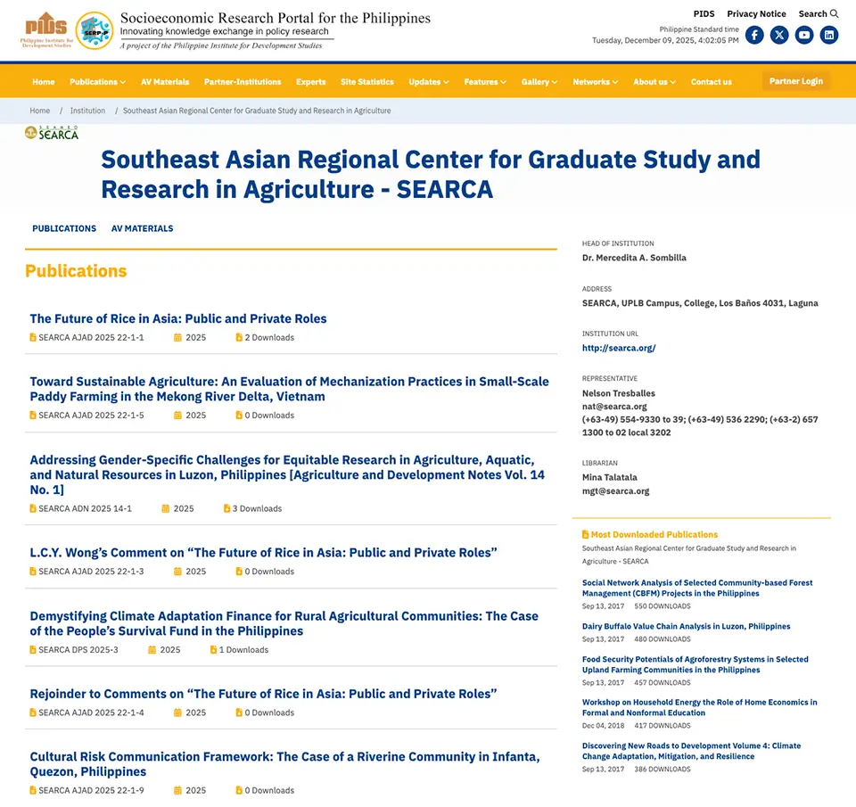 SERP-P featuring SEARCA's research outputs and other knowledge products
on agriculture and development