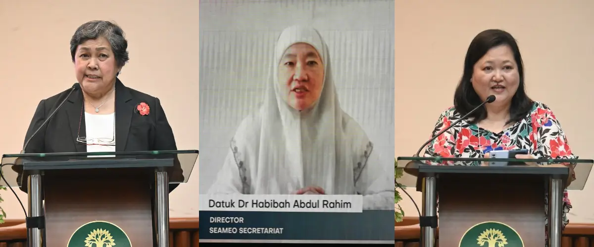 Dr. Mercedita Sombilla of SEARCA, Datuk Dr. Habibah Abdul Rahim of SEAMEO, and Ms. Ma. Ella Cecilia Obligado of DA Region IV-A emphasize the need for evidence-based, regionally coordinated solutions to Southeast Asia's agricultural challenges.