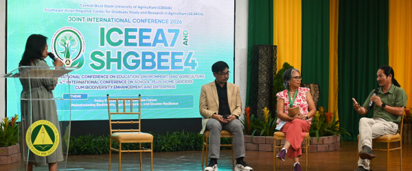 Plenary Session 4 participants (from left) Ms. Mia Bella Fresnido of CBSUA, Dr. Hermogenes Paguia of the Philippine Association of Extension Program Implementors, Inc.), Dr. Leticia Afuang ofUPLB, and Mr. Antonio Linsangan III of Coron Natural Farms discuss 'Policy Pathways for Sustainable Futures: Harnessing Agritourism and Ecotourism for Climate-Resilient Development,' with Ms. Fresnido serving as session chair.