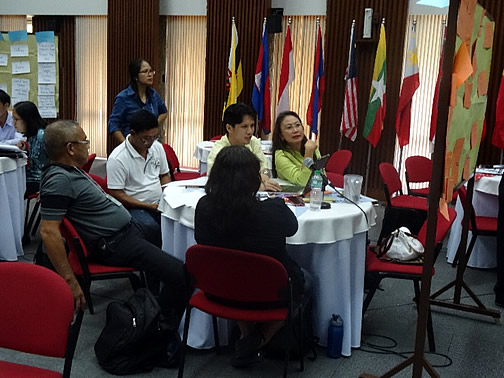 Participants from Oriental Mindoro province, the Philippines discuss their  view of their initiatives in a way that escapes from the &lsquo;commodity trap.&rsquo; Second from right is Mr. Henry Custodio, Program Specialist of SEARCA&rsquo;s Research and Development Department, facilitating the group discussions.