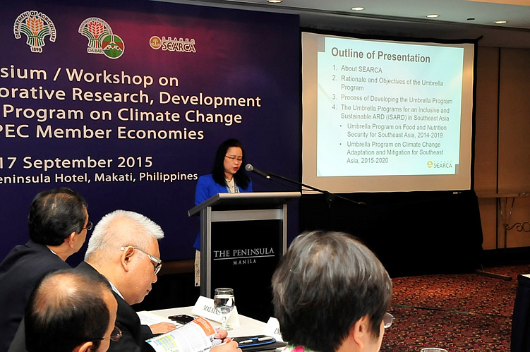 Dr. Bessie M. Burgos, SEARCA Program Head for Research and Development, presented SEARCA&rsquo;s Umbrella Programs on Food and Nutrition Security and Climate Change Adaptation and Mitigation for Southeast Asia.