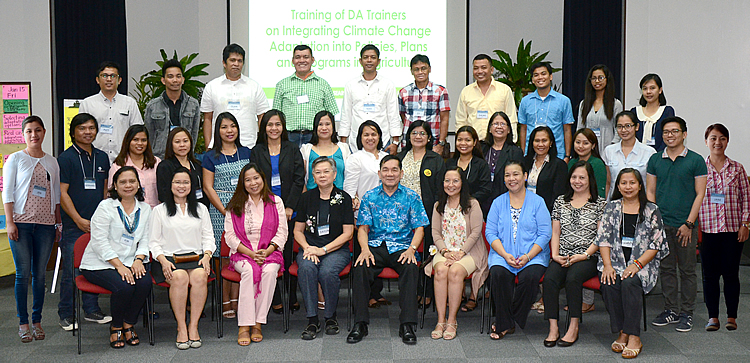Photo above shows DA AMIA Training of Trainors (ToT) participants composed of 17 representatives from the Agricultural Training Institute-Regional Training Centers and 8 representatives from the Department of Agriculture (DA) Regional Field Offices (RFOs) in Regions 1, 2, 3, 5, 6, 10 and Negros Island Region together with Ms. Perla G. Baltazar (seated, 3rd from left) representing Dr. Alicia G. Ilaga, Director, DA-System Wide Climate Change Office and Dr. Casiano S. Abrigo, Jr., Executive Director, UPLB Foundation, Inc. (seated, 5th from left).