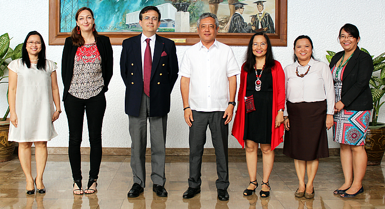 Ambassador Thierry Mathou (third from left) of France visited SEARCA on 25 January 2016 along with Ms. Anais Voron (second from left), Scientific and Development Attach&eacute; at the French Embassy in the Philippines. They were received by Dr. Gil C. Saguiguit, Jr. (center), SEARCA Director; Dr. Maria Celeste H. Cadiz (third from right), Program Head for Knowledge Management; Dr. Maria Cristeta N. Cuaresma (second from right), Program Head for Graduate Education and Institutional Development; Dr. Bessie M. Burgos (leftmost), Program Head for Research and Development; and Ms. Avril DG. Madrid (rightmost), Program Specialist, Knowledge Resources. 