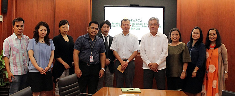  Dr. Saguiguit (fourth from the right), together with the SEARCA Program Heads, received the delegation from the Kyoto University composed of Mr. John Lambino (fifth from right), Mr. Yusuke Abai (fifth from left), and Ms. Yuko Amai (second from left), all from the Graduate School of Economics of Kyoto University, and Dr. Ayako Fujieda of Kyoto University &ndash; ASEAN Center (third from left). They were accompanied by Dr. Jose V. Camacho, Dean of the UPLB Graduate School (fourth from left), and Mr. Marvin U. Herrera, Professors at the UPLB Institute of Mathematical Sciences and Physics (IMSP) (leftmost).