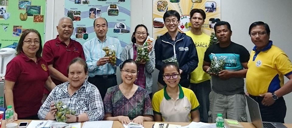 From Left to Right: First row &ndash; Dr. Joy Agravante, Head of UPLB-PHTRC; Dr. Bessie Burgos and Ms. Angelic Reglos of SEARCA. Second row &ndash; Ms. Helen Barrios of UPLB-PHTRC; Dr. Joe Medina, Project Coordinator of SEARCA Piloting ISARD Model project; Drs. Yoshitaka Kawai, Mika Yoshida, and Tadashi Baba of Tokyo Nodai; Mr. Henry Custodio of SEARCA; Mr. Virgilio Macailao of MinSCAT; and Dr. Lope Santos of SEARCA.