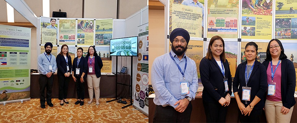 SEARCA representatives at the center's knowledge and learning booth (from right) Bernice Darvin, Monalinda Cadiz, and Nancy Landicho,
are joined by IFPRI project partner representative, Manmeet Ajmani.
